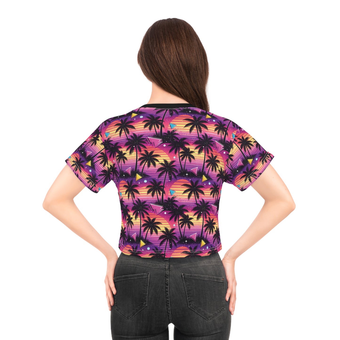 Tropical Sunset Palm Crop Tee — Retro Beach Palm Tree All-Over Print