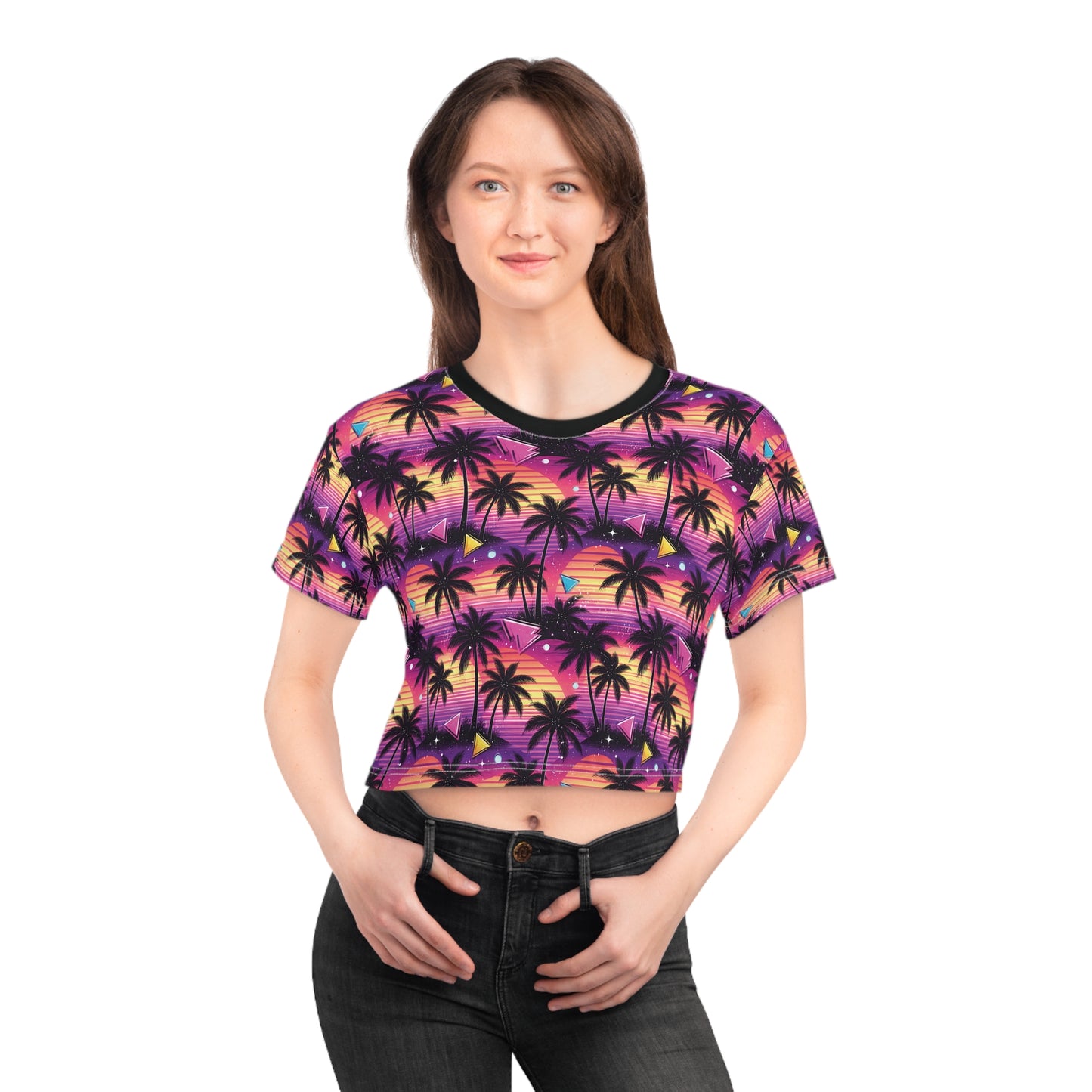 Tropical Sunset Palm Crop Tee — Retro Beach Palm Tree All-Over Print