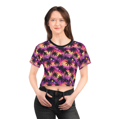 Tropical Sunset Palm Crop Tee — Retro Beach Palm Tree All-Over Print