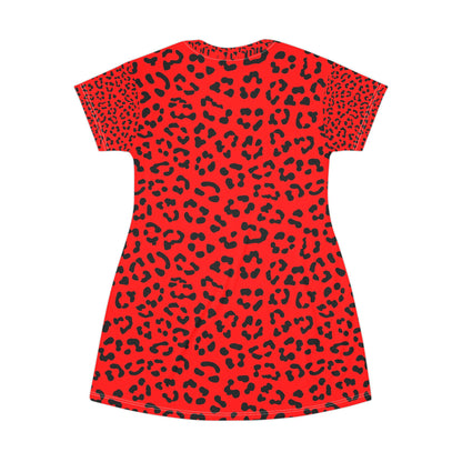 Red Leopard Print T-Shirt Dress — Bold Animal Print Mini Dress