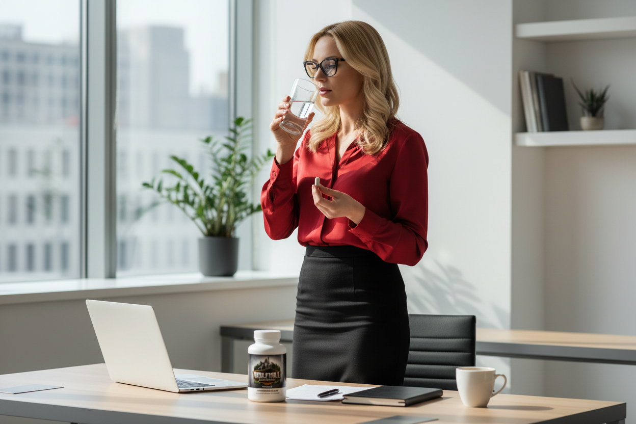 Blonde Businesswoman in Red Blouse Taking Focus 3