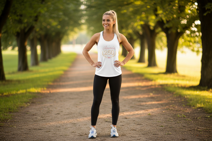 Blonde woman outdoors in America 250 tank
