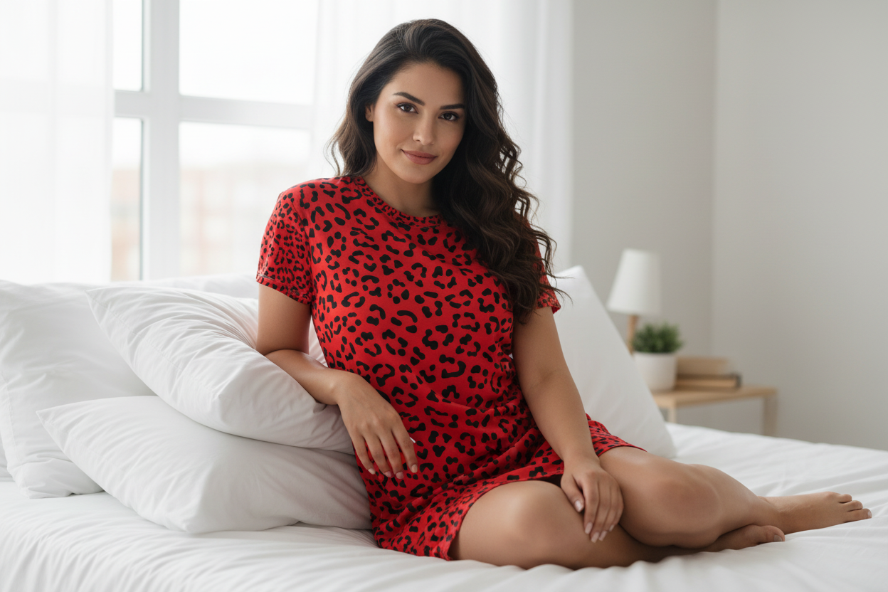 Latina woman sitting in red leopard dress