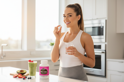 Woman Taking Femme Vitale in Kitchen